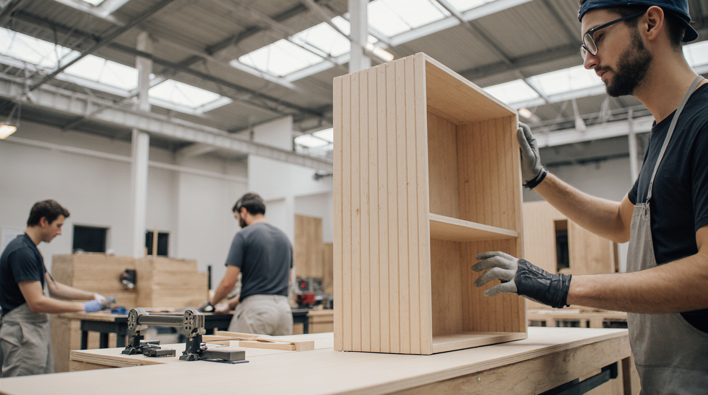 Woodkea workshop with employees assembling furniture.